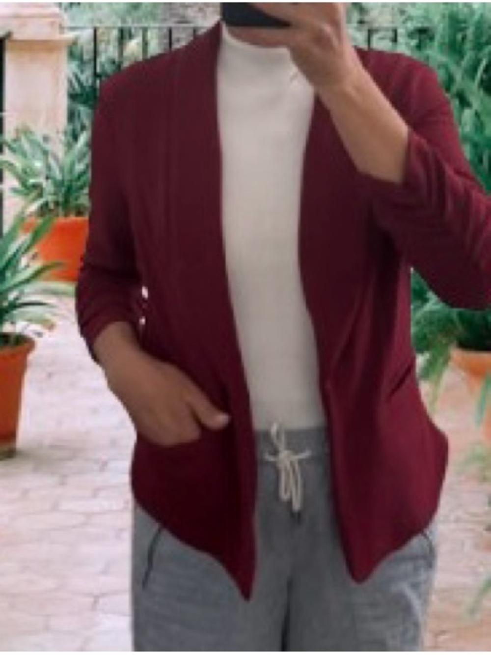 Women's Open-Front Burgundy scrunch   sleeve blazer